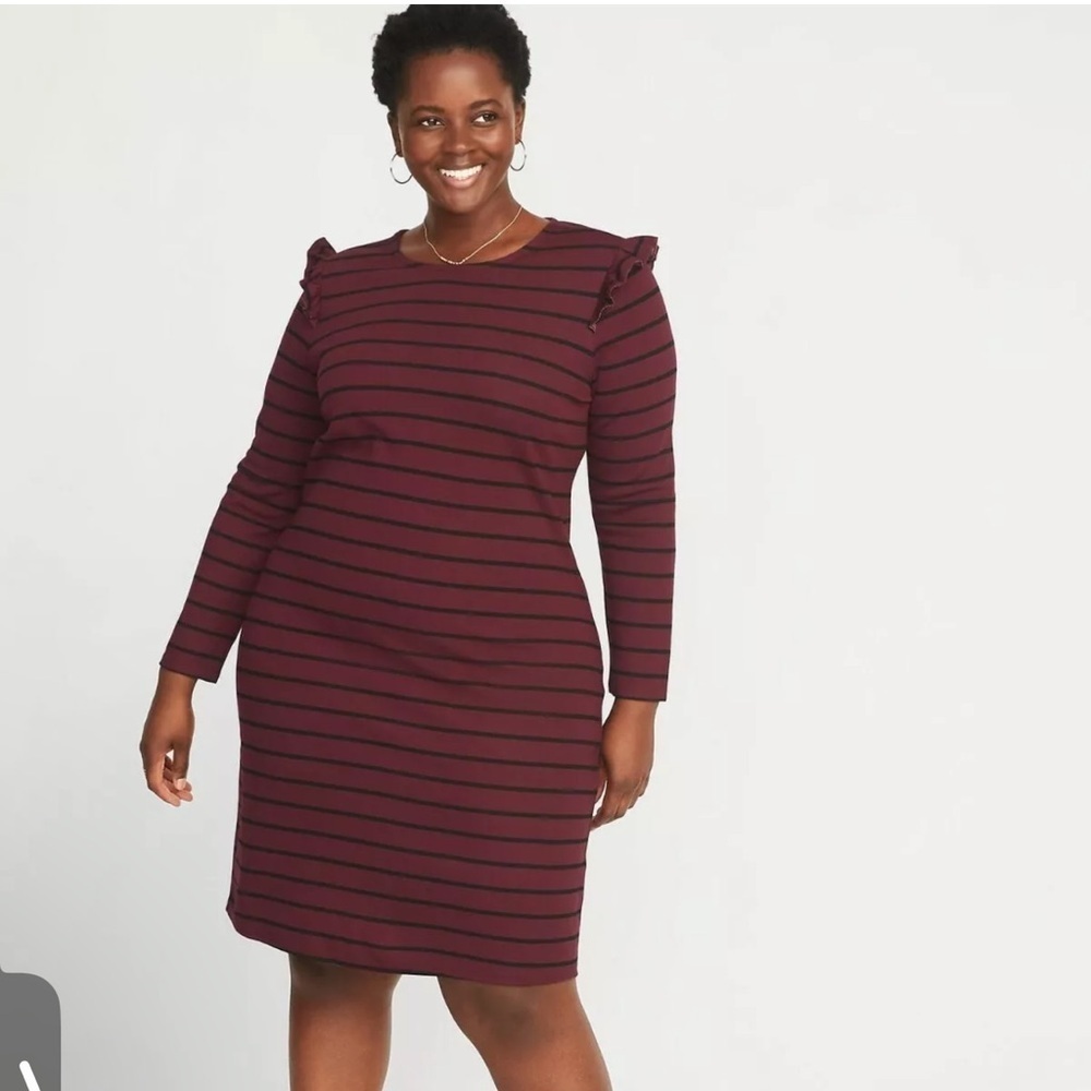 Old Navy Burgundy Striped Ruffled Shoulder Long Sleeve Shift Dress Office